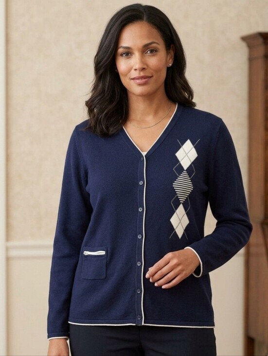 Sport Haley Sweaters - Womens Sport Haley Argyle Golf Cardigan Navy Blue Cream Sz L Dark Academia